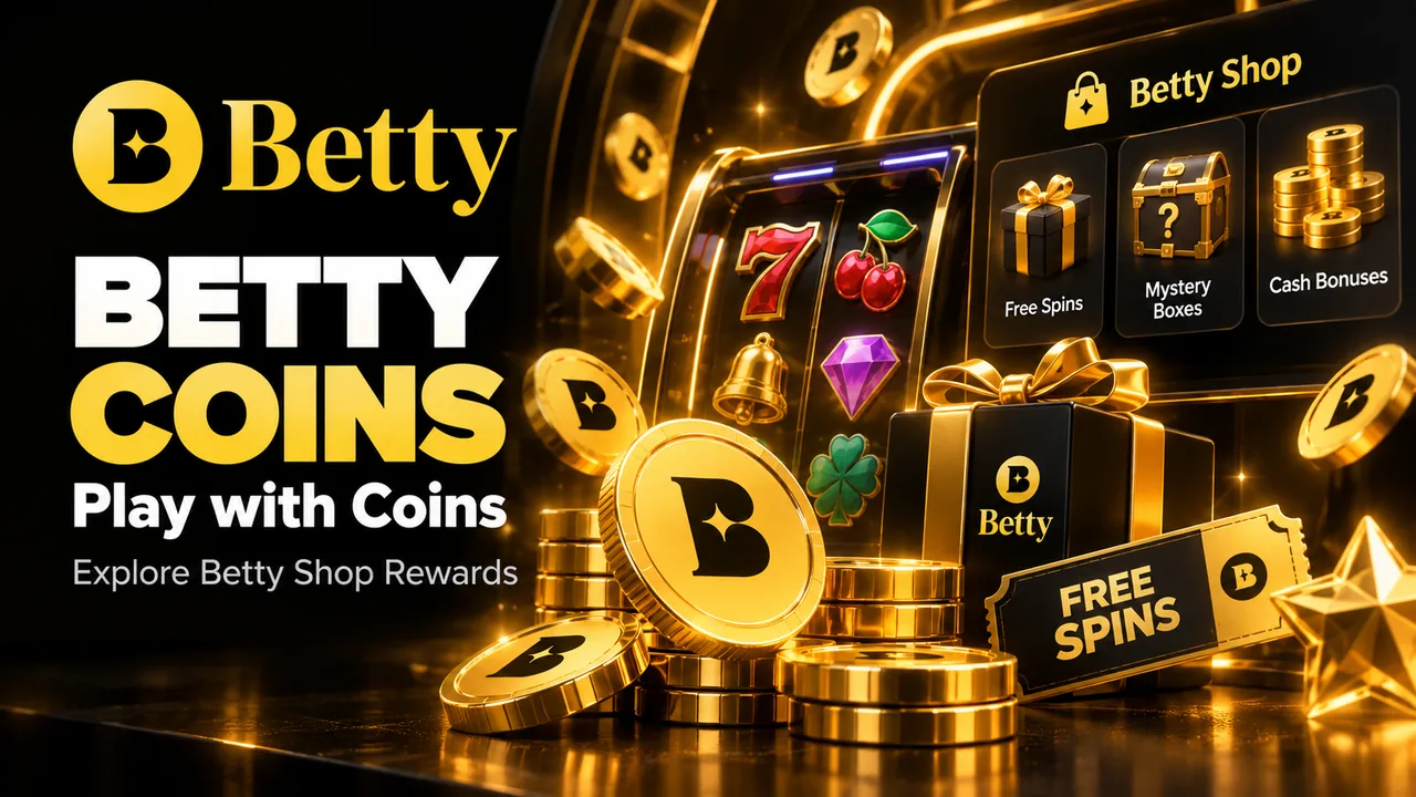Gold Betty Coins beside a slot reel and Betty Shop rewards: Free Spins, Mystery Boxes and Cash Bonuses